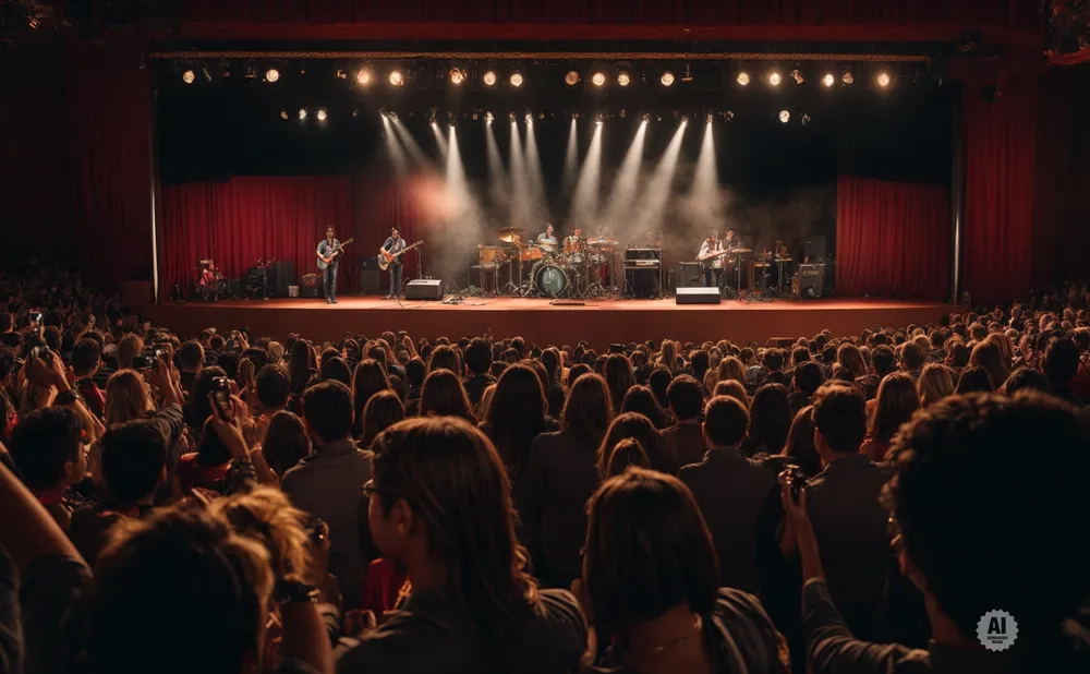 A band performs on a stage in front of a large audience in a theater.