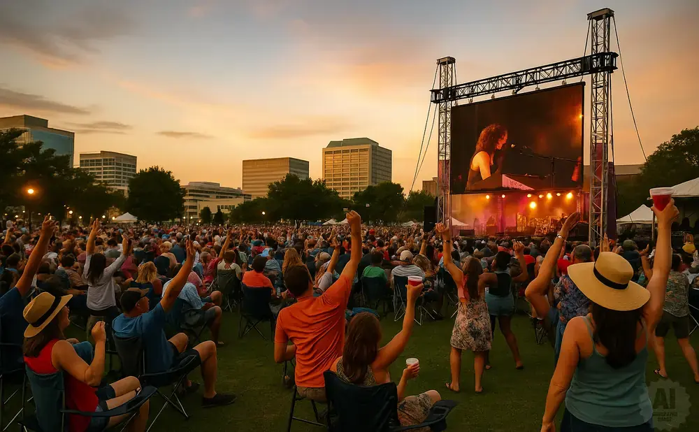 Crowd cheers at an outdoor concert, raising hands toward a large screen showing a performer.