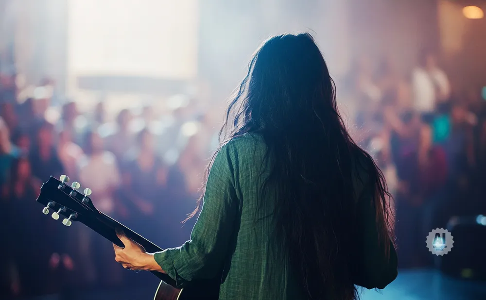 A musician with long, dark hair plays an acoustic guitar on a dimly lit stage, facing a blurry audience.