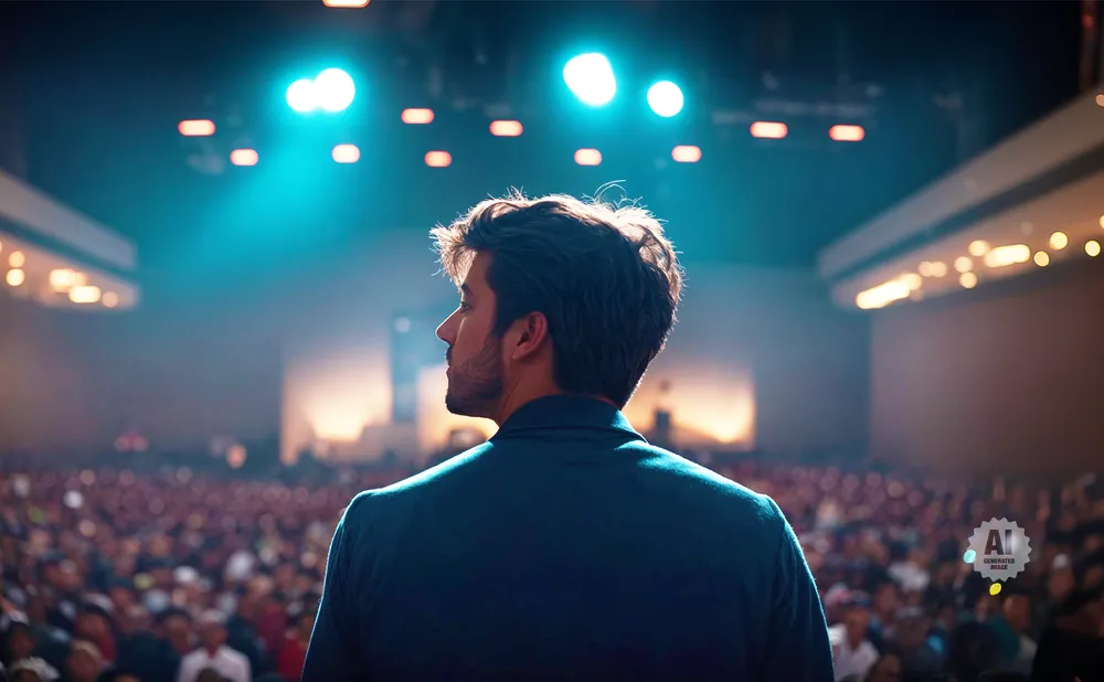 A man in a suit faces a large audience on a dimly lit stage with blue spotlights.