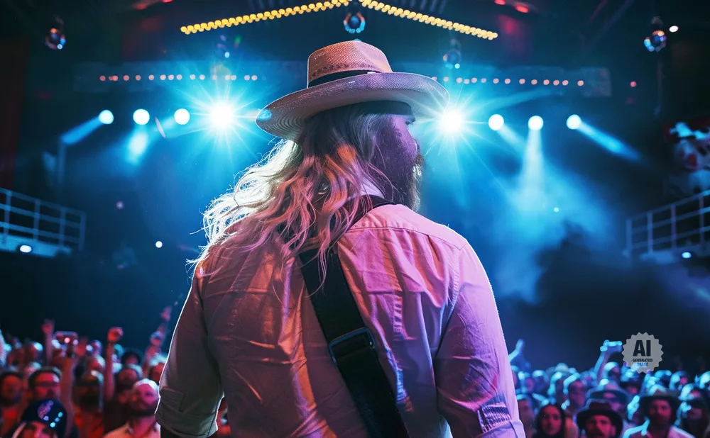 A performer in a straw hat and pink shirt plays to a cheering crowd under bright blue stage lights.