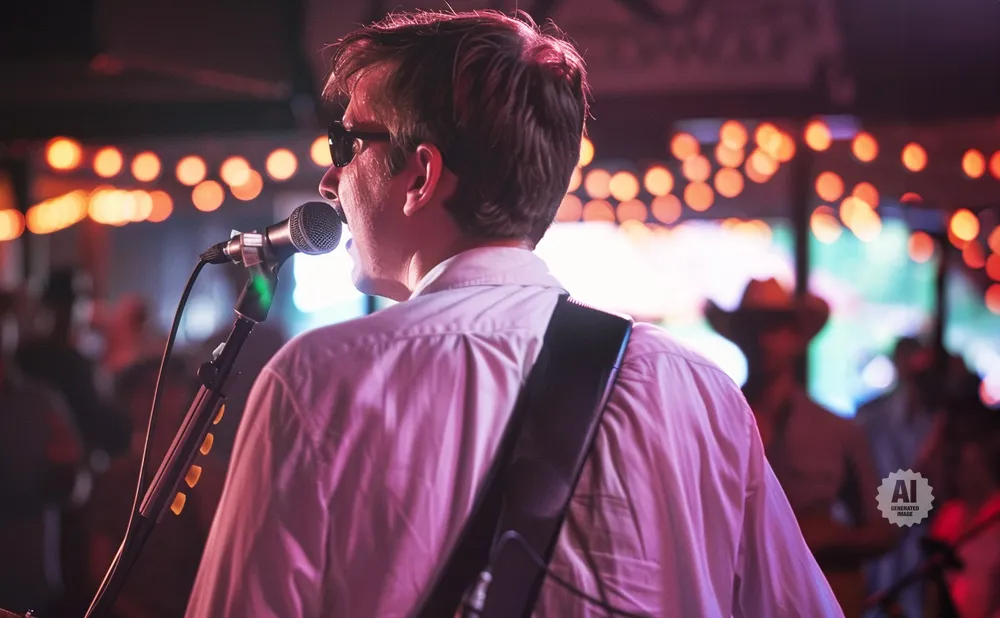 Singer wearing sunglasses and a light pink shirt, facing away from the camera, sings into a microphone on stage.
