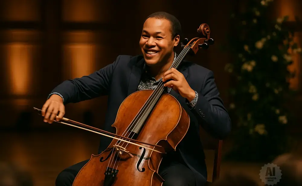 A Black man smiles while playing the cello on stage.