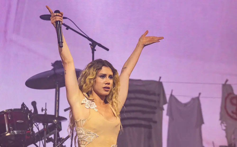 Singer with arms raised, holding a microphone on a stage with a purple background and laundry hanging.
