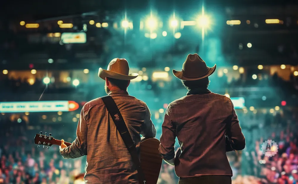 Two men in cowboy hats play guitars on a stage with bright lights and a cheering crowd.