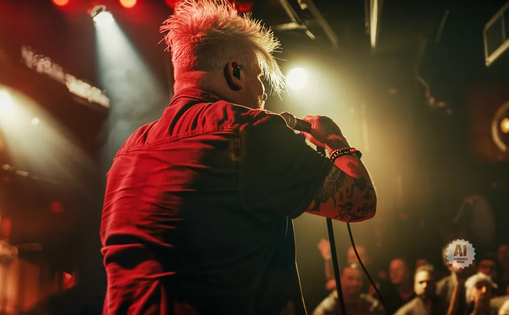 A rock singer with spiky blonde hair holds a microphone and sings on stage, with red stage lights and a blurred audience in the background.