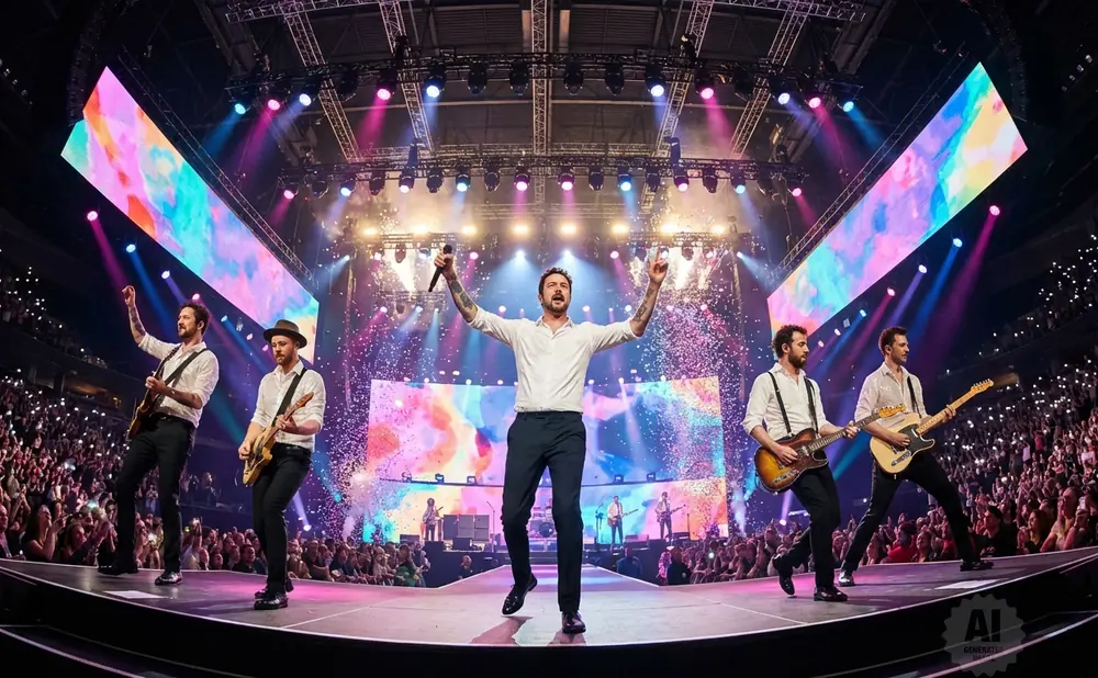 A band performs on a stage with a colorful backdrop and cheering crowd.
