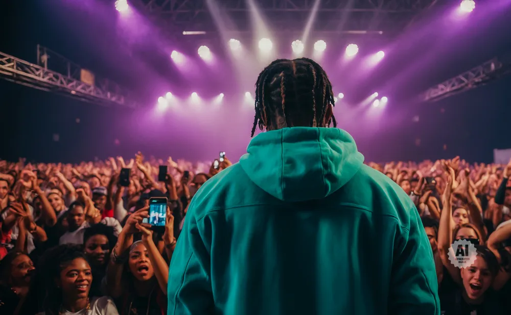 A performer in a teal hoodie faces a large, cheering crowd under bright purple stage lights.