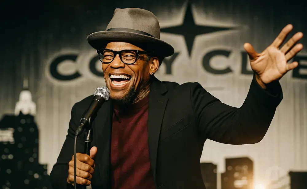 A man in a fedora and glasses laughs into a microphone on stage.