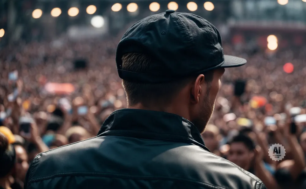 Man in black cap and leather jacket watches a cheering crowd with raised phones.