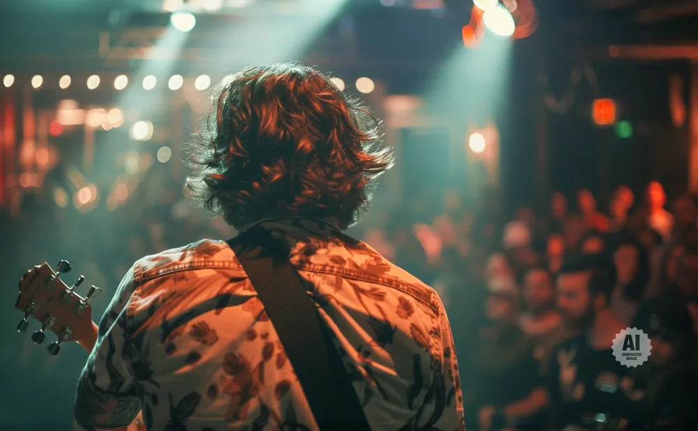 A musician with curly hair faces away from the camera, playing a guitar on a stage with a blurred audience.