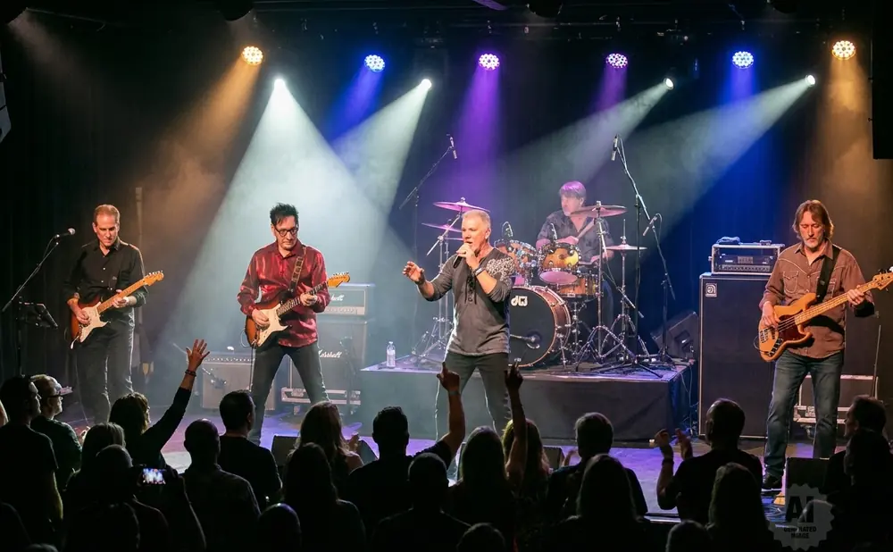 A band performs on stage under colorful lights, with guitars, drums, and a singer.