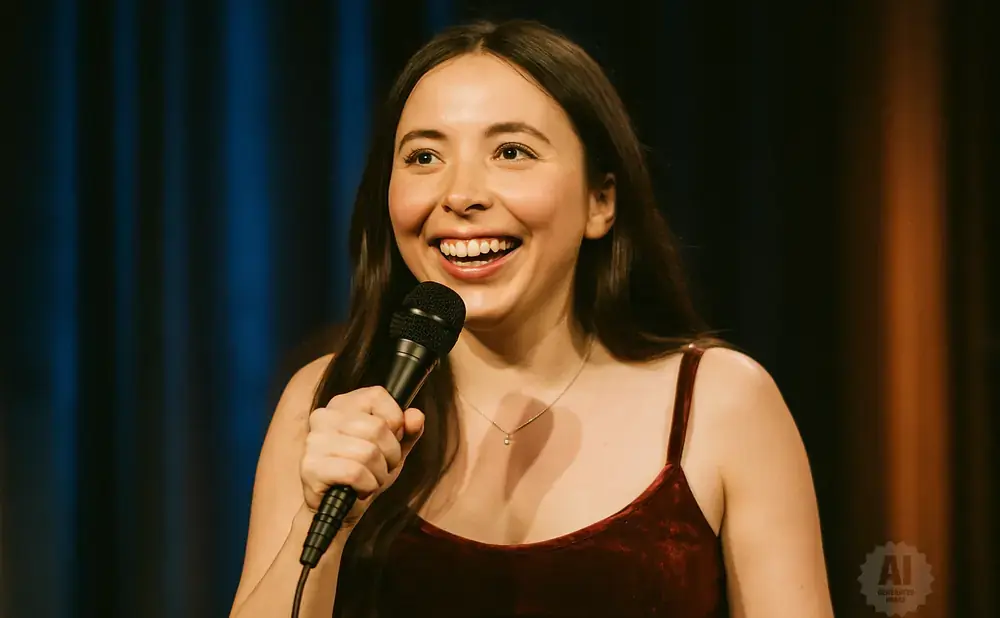 A young woman smiles while holding a microphone, wearing a red velvet dress.