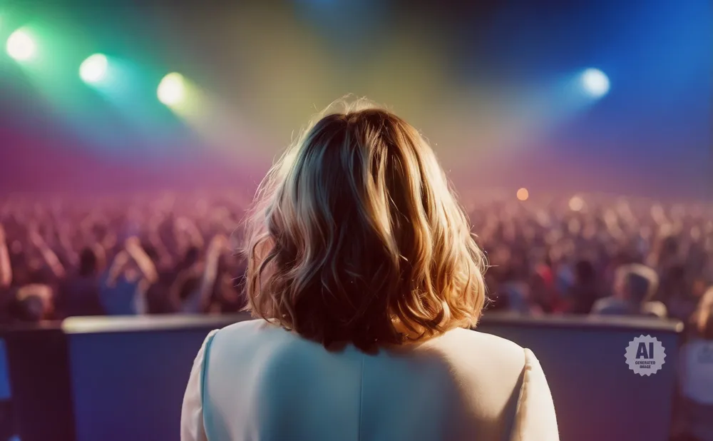 A person from behind on a stage faces a cheering crowd under colorful stage lights.