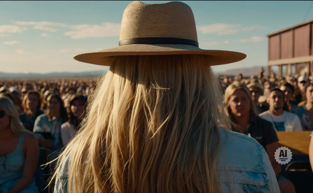 A woman in a wide-brimmed hat faces away from the camera, her blonde hair spilling over a denim jacket, as she stands before a large outdoor crowd.