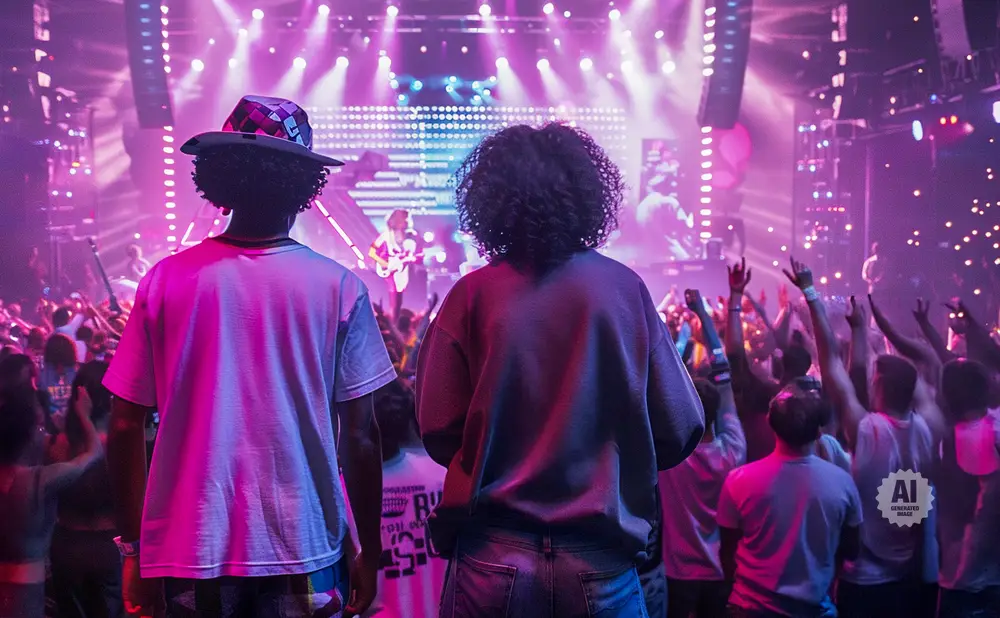 Two people with curly hair face away from the camera at a vibrant, purple-lit concert, with arms raised in the crowd.