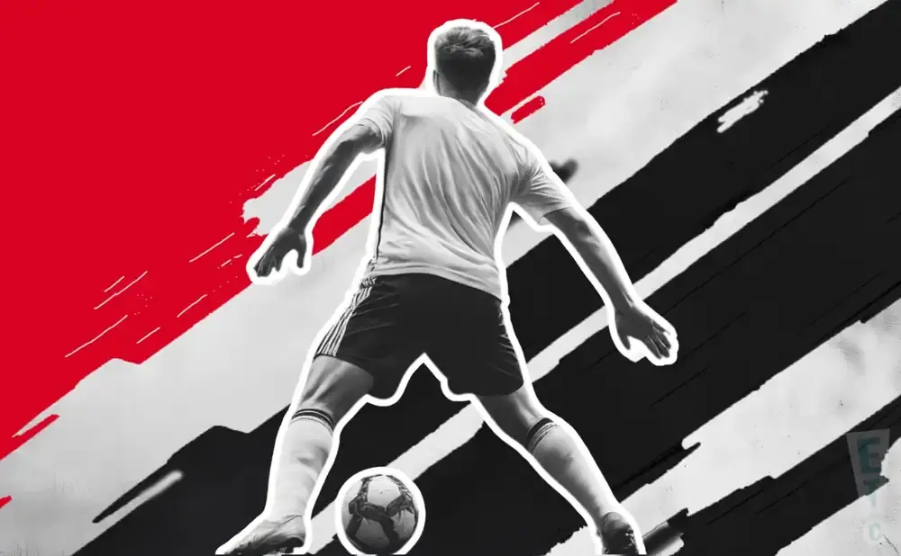 A soccer player dribbles a ball, with a bold red and black background.