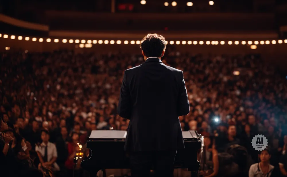 A person in a suit stands on stage before a large, dimly lit audience, facing away from the camera.