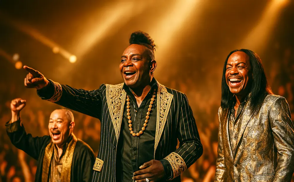 Three musicians on stage, two in elaborate gold suits, laughing and pointing at the audience.