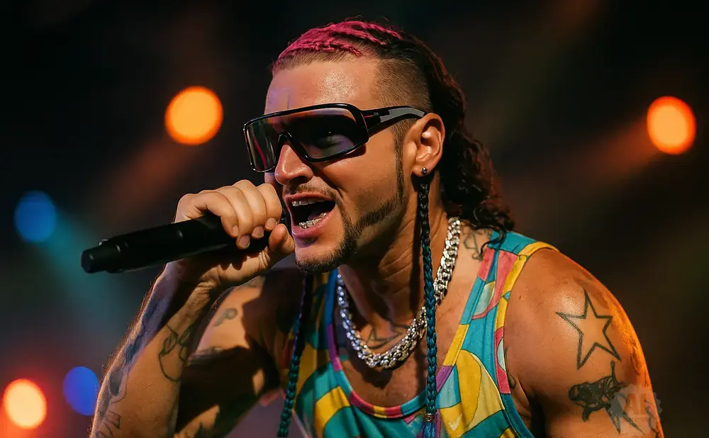 A male rapper with pink braided hair, sunglasses, and a colorful tank top performs into a microphone.