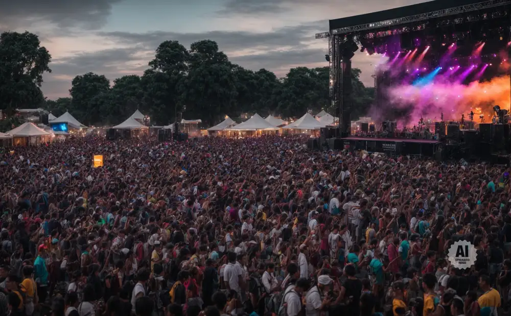 Large crowd at an outdoor concert with a brightly lit stage and tents in the background.