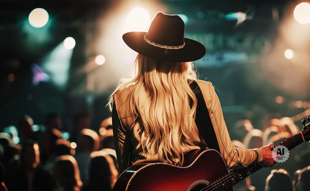 A woman with long blonde hair and a black hat plays an acoustic guitar on stage in front of a crowd.