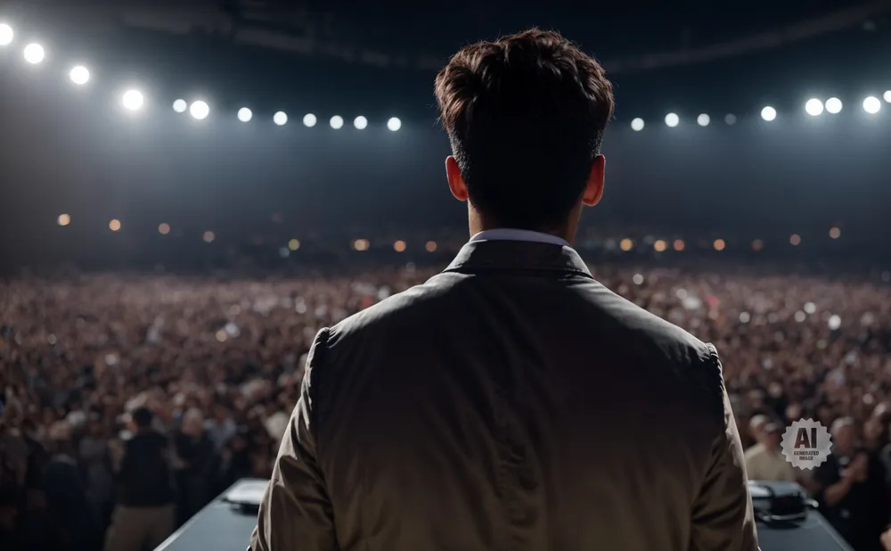 Man in a suit facing a large, cheering crowd under stadium lights.