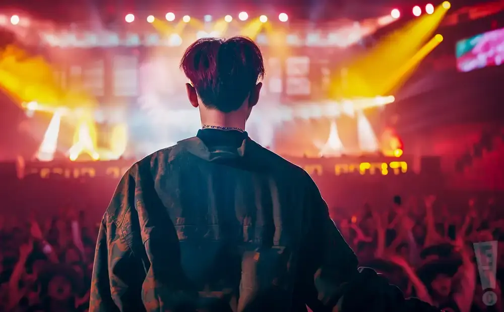 A person with red hair faces away from the camera, looking at a vibrant concert stage with yellow and red lights.