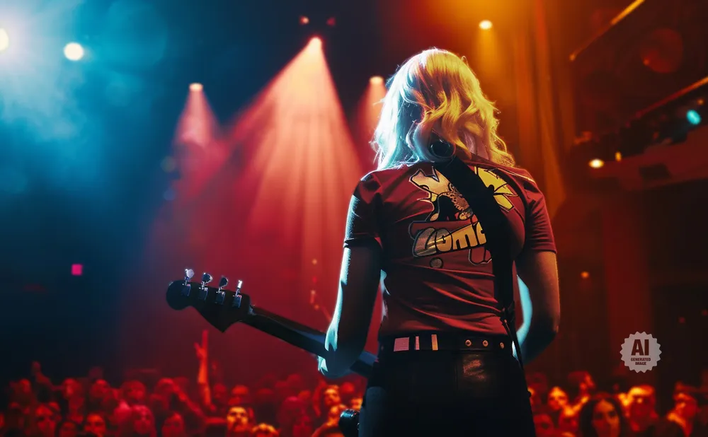 A woman with blonde hair plays a bass guitar on stage, with red and blue lights illuminating the crowd.