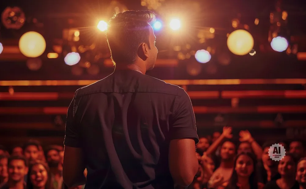 Man in black shirt on stage facing away from camera, with audience and stage lights in background.