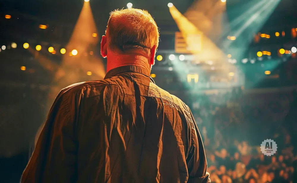 Man in a brown shirt on stage, facing a blurred audience, with bright stage lights behind him.