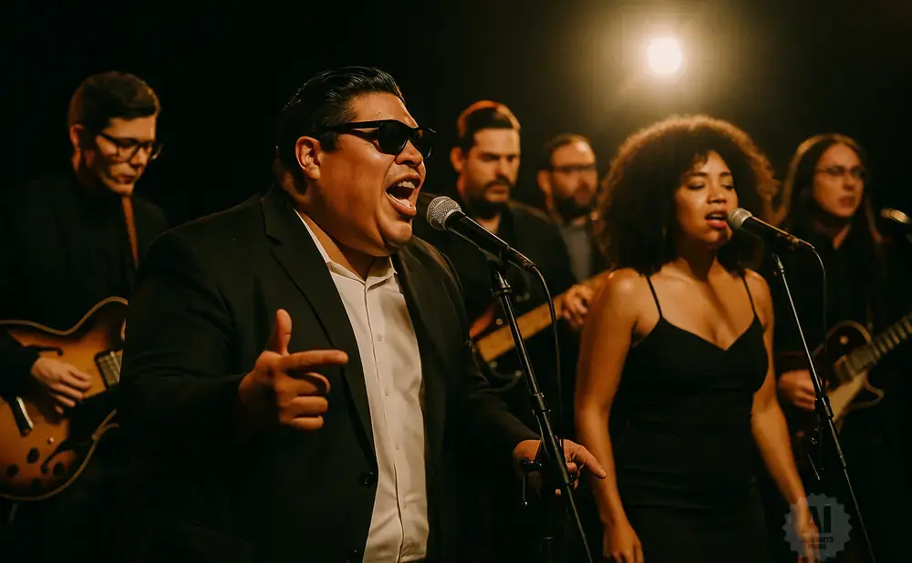 A male singer in a suit and sunglasses belts into a microphone while a female singer and band perform behind him.
