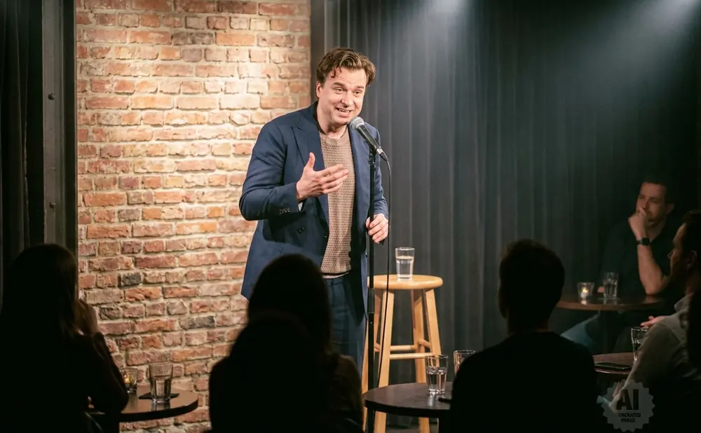 A comedian on stage tells jokes to a seated audience in a dimly lit room.