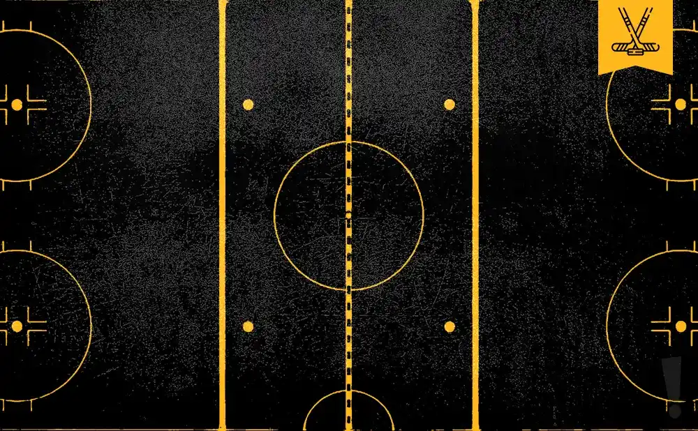A top-down view of a stylized hockey rink with yellow lines on a dark, textured background.