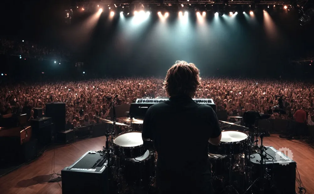 A drummer faces a massive cheering crowd from a brightly lit stage.