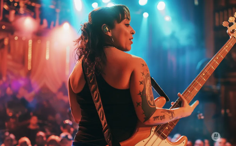A woman plays a bass guitar on stage with a crowd watching.