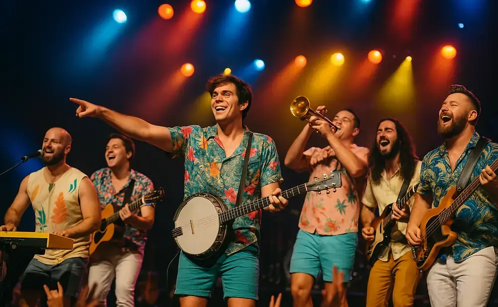 A band performs on stage, with men playing instruments and singing under colorful lights.