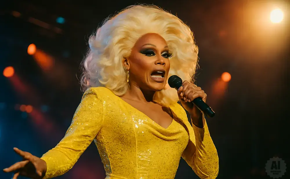 RuPaul in a sparkly yellow dress and blonde wig sings into a microphone on stage.