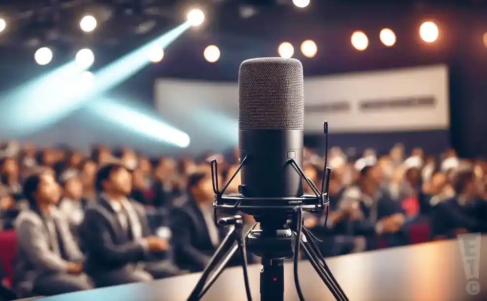A close-up of a microphone on a stand in front of a blurred audience, with spotlights in the background.