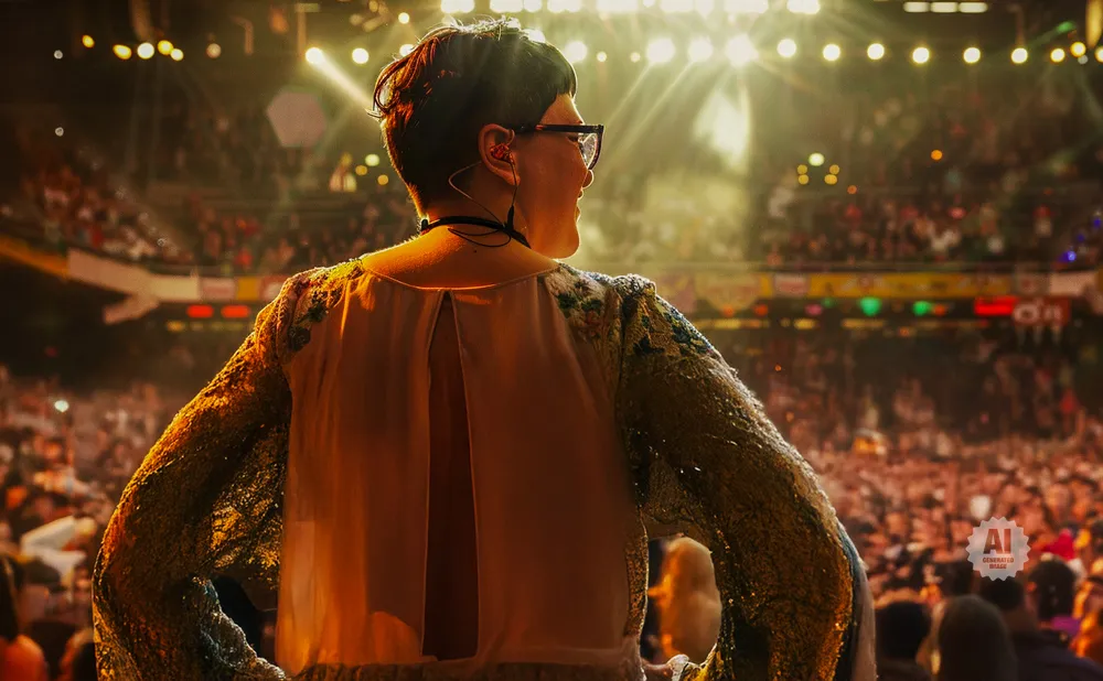 Woman with short dark hair and glasses on stage, looking out at a cheering crowd under bright lights.