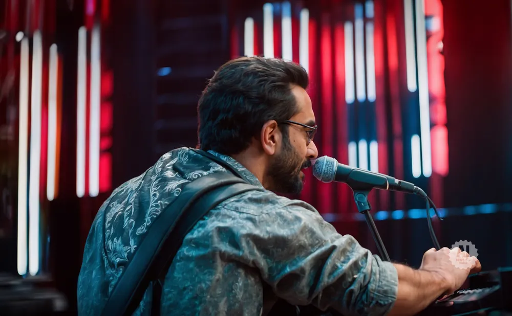 Man wearing glasses and a patterned shirt plays a keyboard while singing into a microphone on stage with bright lights.