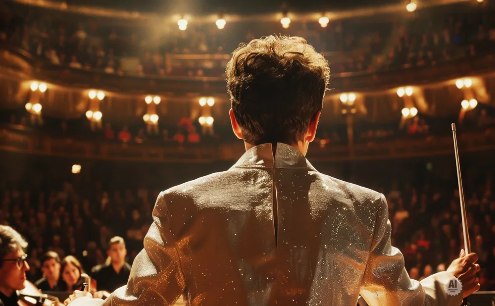 A conductor in a sparkling jacket stands with baton raised before a blurred audience in a grand theater.