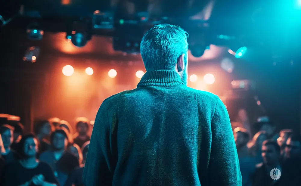 Man in a teal sweater facing away from the camera, on a stage in front of a crowd.