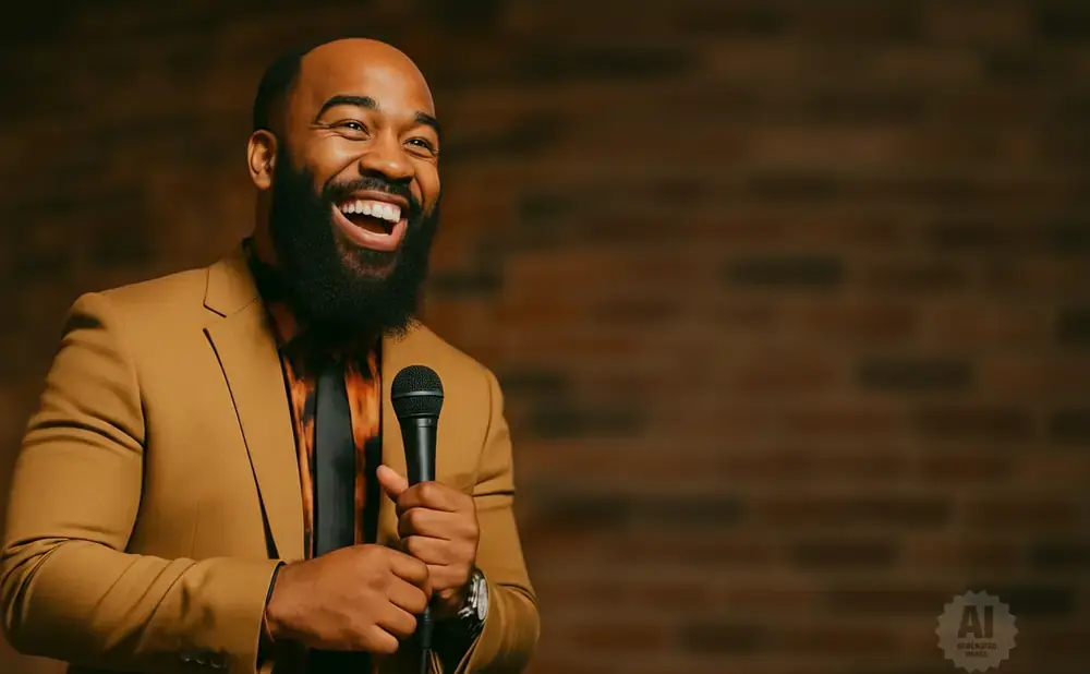 A Black man with a beard in a tan suit laughs into a microphone in front of a brick wall.