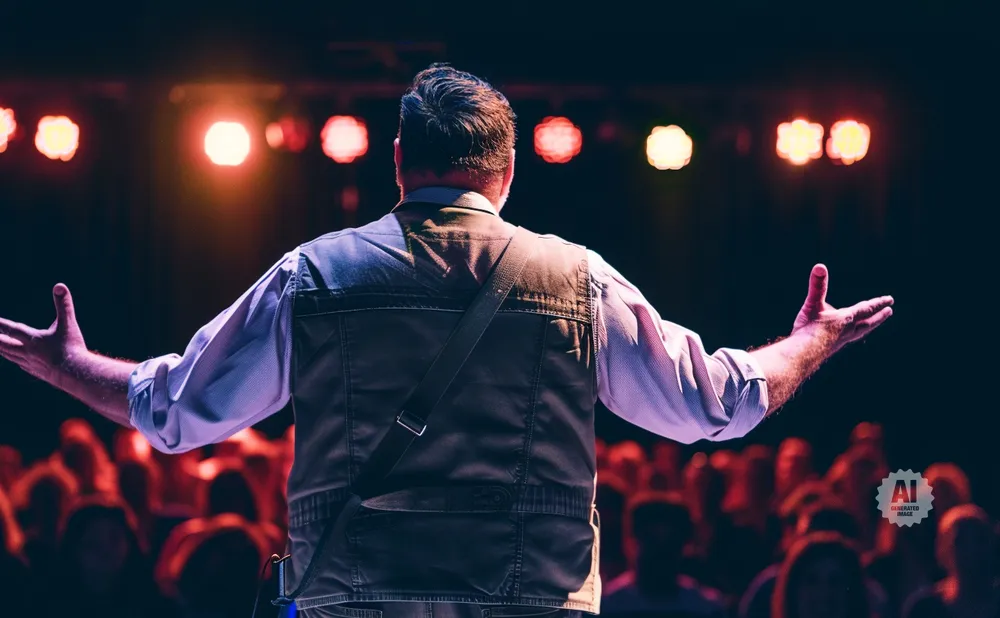 Man with arms outstretched on stage in front of a blurred audience.
