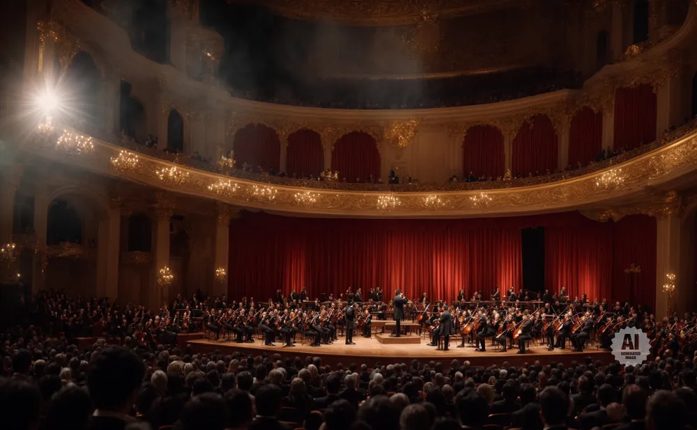 An orchestra performs for a large audience in a grand, ornate theater with red curtains.