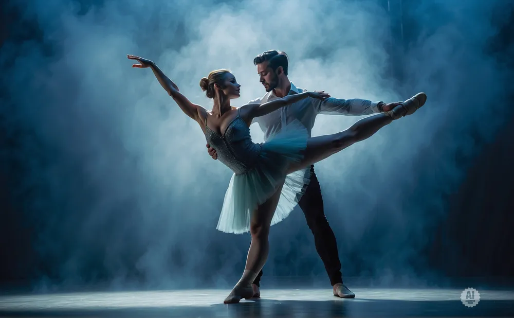 A male and female ballet dancer in a graceful pose on a smoky stage.