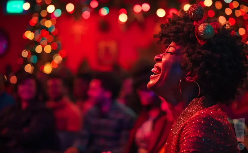 Woman in a sparkly red top with Christmas ornaments in her hair laughs with her head thrown back, surrounded by blurred colorful lights.