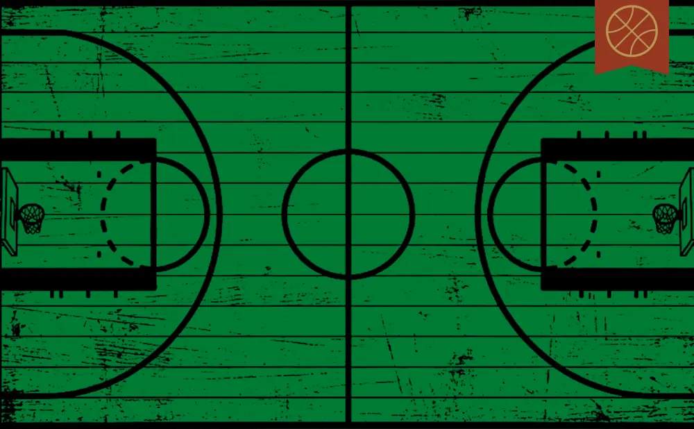 A top-down view of a green basketball court with black lines and worn texture.
