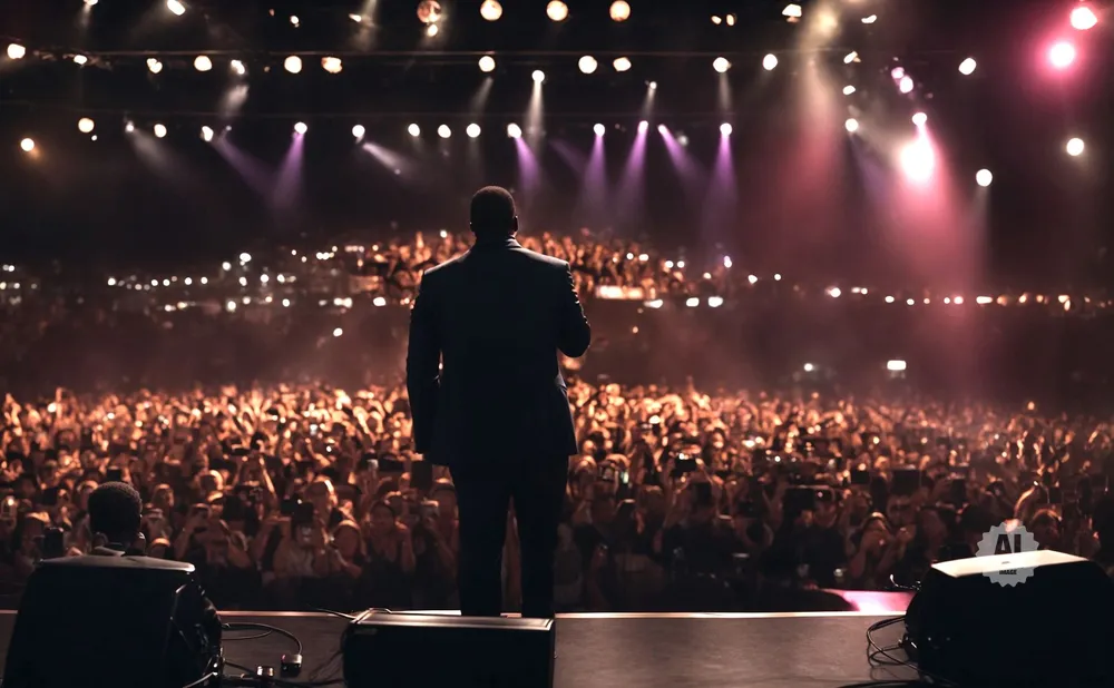 A man in a suit stands on a stage addressing a large, enthusiastic crowd.